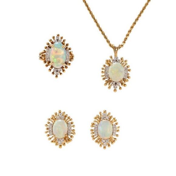 Vintage Cabochon Opal & Diamond Halo Earrings 14K Gold - Picture 3 of 3